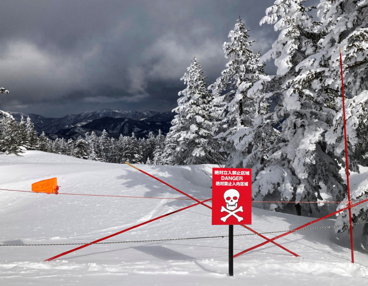 A 'danger' sign is pictured at a ski resort on Mt. Yokote in Shimotakai