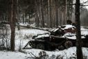 An abandoned battle tank in the snow near Yampil in east Ukraine