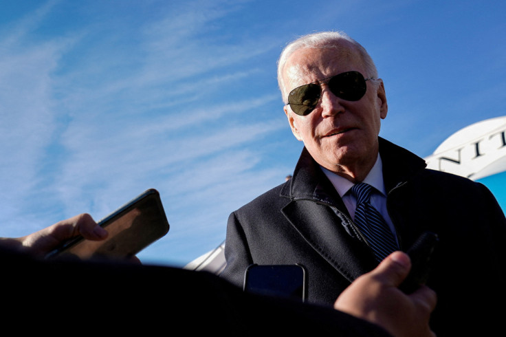 U.S. President Joe Biden speaks to reporters after disembarking from Air Force One en route to Camp David at Hagerstown Regional Airport, Hagerstown, Maryland