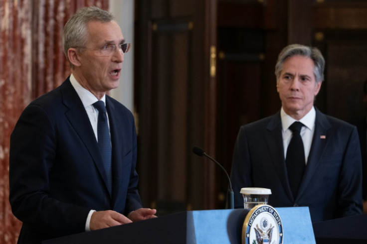 NATO Secretary General Jens Stoltenberg, with US Secretary of State Antony Blinken, speaks during a press conference at the State Department
