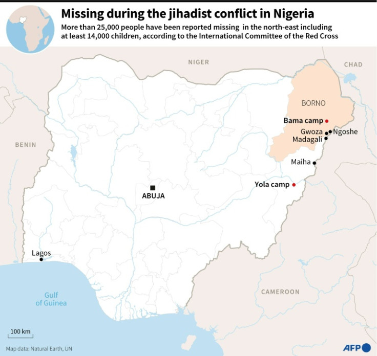 Map of Nigeria showing the Yola and Bama displaced persons' camps and several villages cited by witnesses, from where Nigerians have fled or disappeared due to the jihadist conflict.