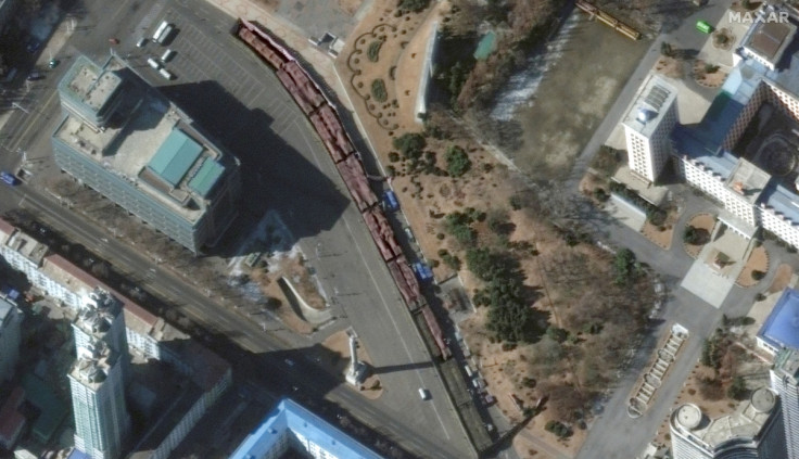 A general view of missile launchers under traps after parade to commemorate the 75th anniversary of the Korean People's Army in Pyongyang