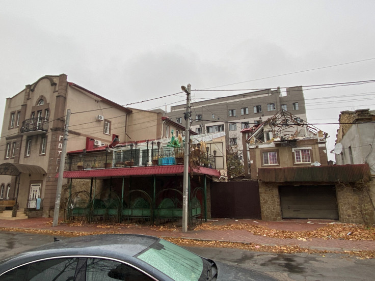 The remains of the Ninel Hotel, a hotel taken over by Russian security officials that was hit by the Ukrainian military, are seen in downtown Kherson