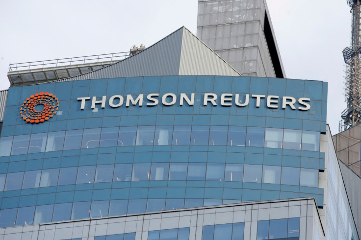 The Thomson Reuters logo is seen on the company building in Times Square, New York.