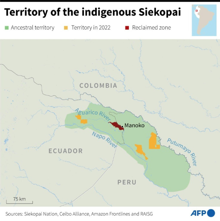 Map showing ancestral and actual territory of the Siekopai Indigenous communities, and reclaimed zones