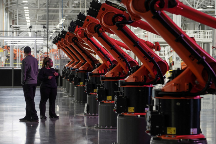 The electric vehicle battery tray assembly line is seen at the opening of a Mercedes-Benz battery factory in Alabama