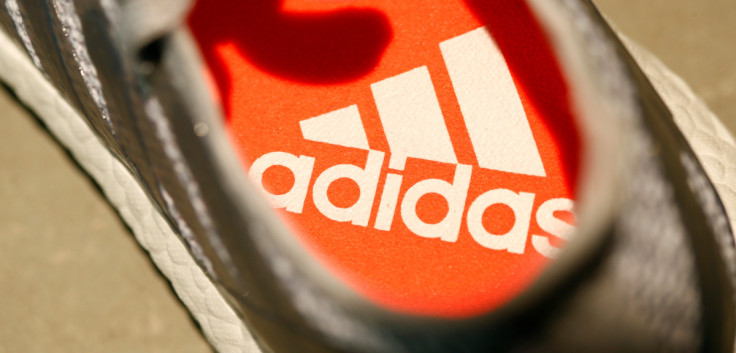 Adidas logo is pictured inside a shoe before company annual general meeting in Fuerth