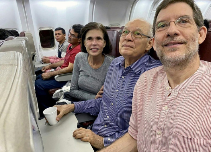 Out of prison: Siblings Cristiana Chamorro (L) and Pedro Joaquin Chamorro (CTR) sit next to their first cousin Juan Lorenzo Holmann (R) on their flight to freedom