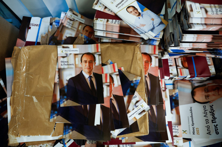 Posters of Cyprus presidential candidate Nikos Christodoulides are seen at the campaign headquarters in Nicosia