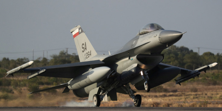 A U.S. Air Force F-16 jet fighter takes off from an airbase during CRUZEX multinational air exercise in Natal