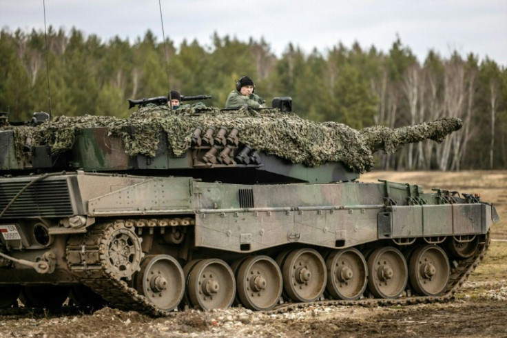 Ukrainian soldiers train on Leopard 2 tanks at the Swietoszow Military Base in western Poland