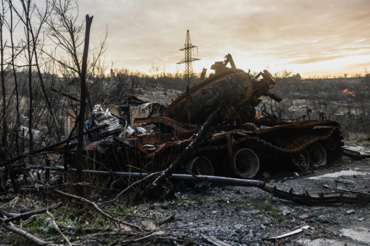 A destroyed tank in the village of Bohorodychne, eastern Ukraine