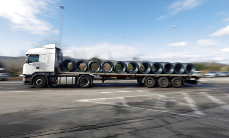 A truck leaves Celsa factory in Castellbisbal, near Barcelona