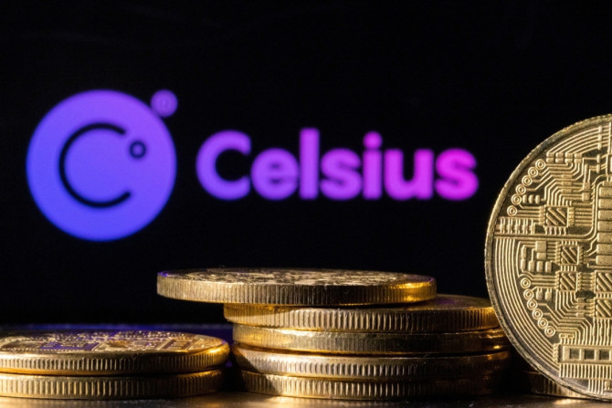 Illustration shows Celsius Network logo and representations of cryptocurrencies