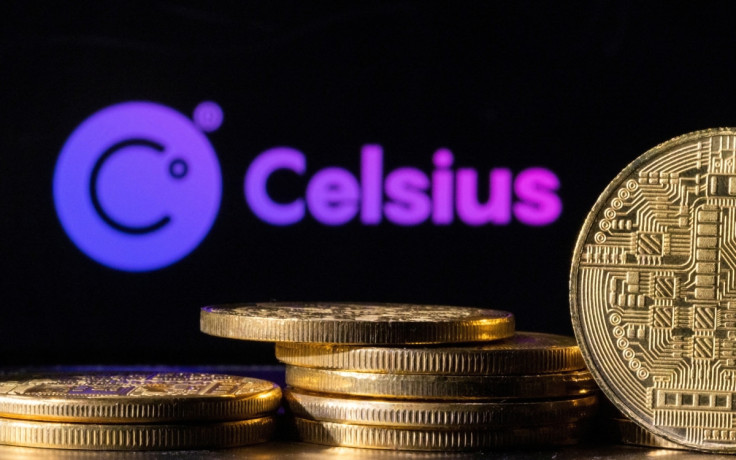 Illustration shows Celsius Network logo and representations of cryptocurrencies