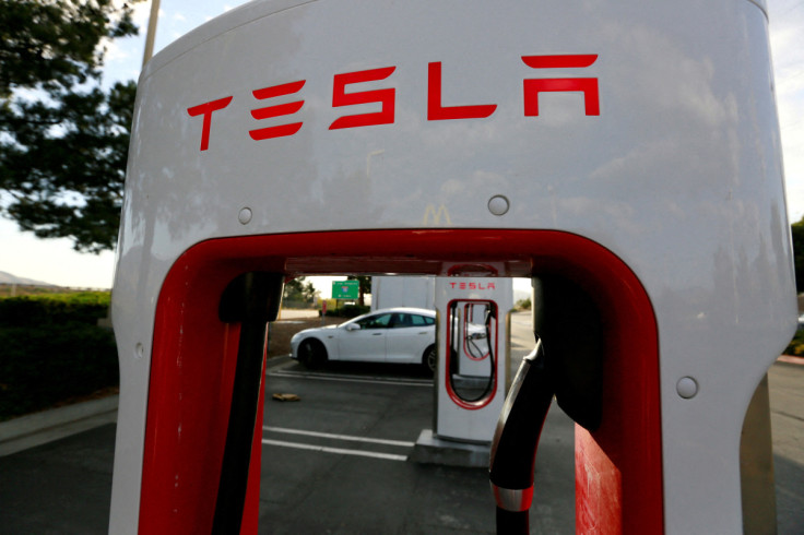 A Tesla Model S charges at a Tesla supercharger station in Cabazon, California