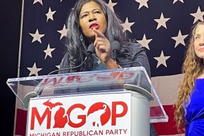 Michigan Republican Party's state party chair candidate Kristina Karamo speaks in Lansing