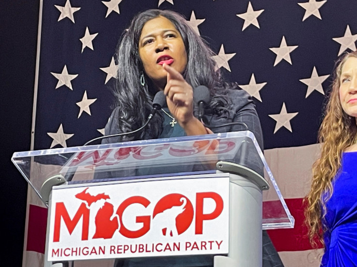 Michigan Republican Party's state party chair candidate Kristina Karamo speaks in Lansing