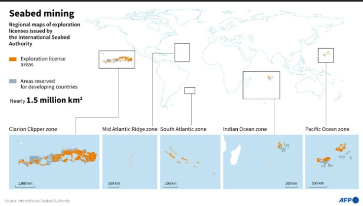 World map showing areas of seabed mining exploration licenses issued by the International Seabed Authority