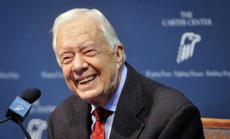 Former U.S. President Jimmy Carter takes questions from the media during a news conference at the Carter Center in Atlanta