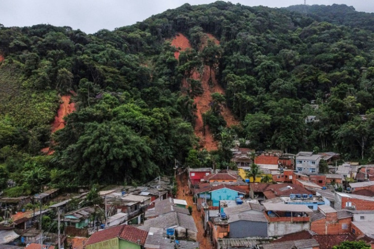 Aerial view showing lansdslides after torrential rain in the Juquehy district in Sao Sebastiao, Sao Paulo state, Brazil, on February 20, 2023