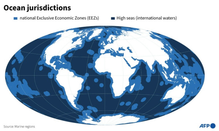 Map showing the Exclusive Economic Zones (EEZ) of countries and the international waters of the high seas