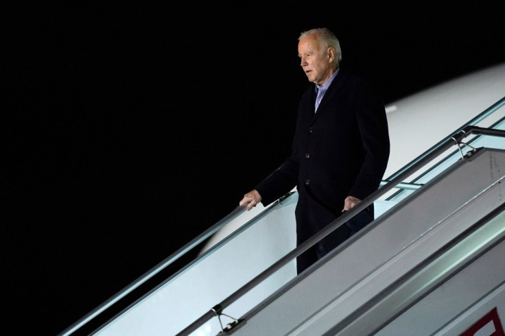 President Joe Biden arrives at a military airport in Warsaw