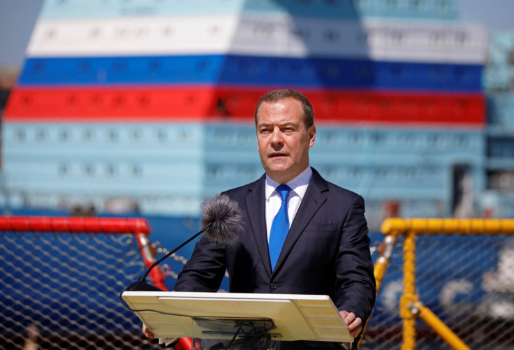 Dmitry Medvedev, Deputy Chairman of Russia's Security Council, delivers a speech in Saint Petersburg
