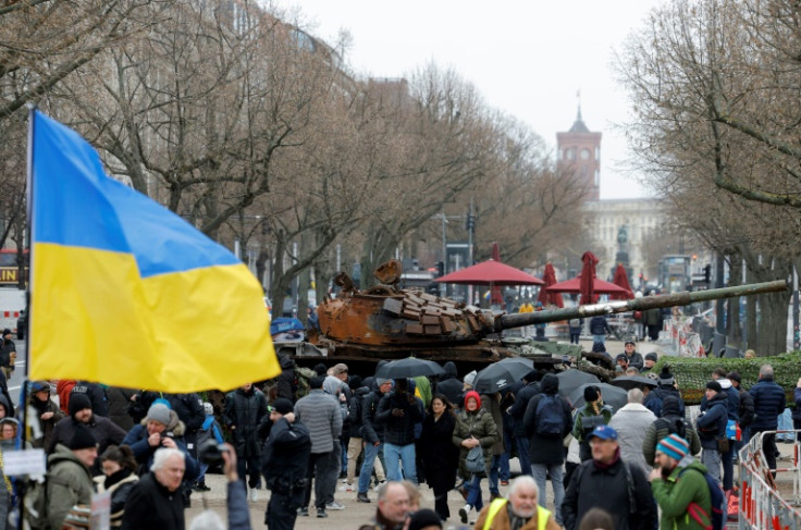 Activists parked a Russian T-72 tank, destroyed in Ukraine, outside Russia's embassy in Berlin