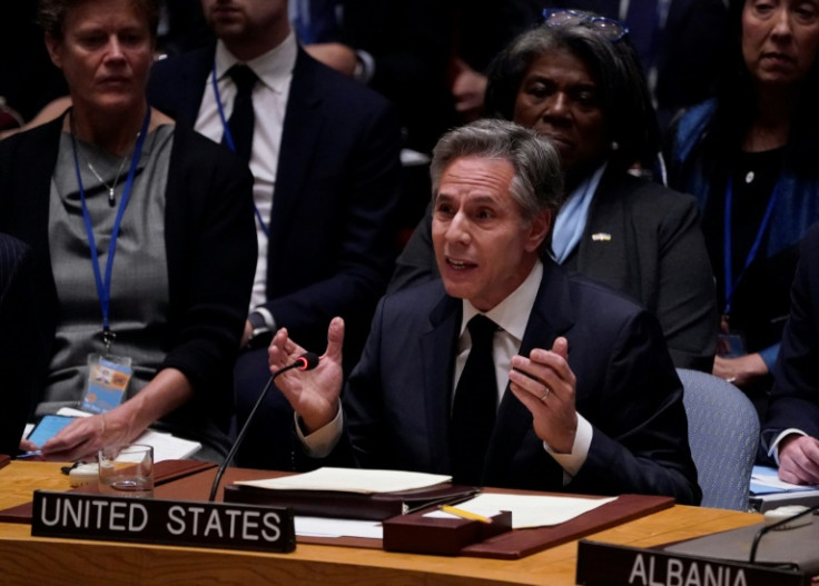 US Secretary of State Antony Blinken speaks during a United Nations Security Council meeting on Ukraine