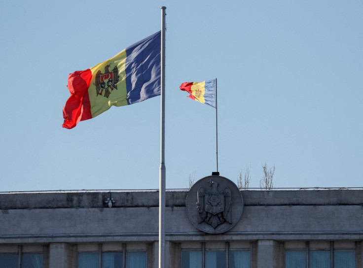 Moldovan national flags are seen in central Chisinau