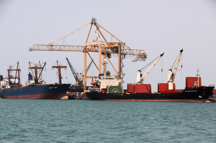 Commercial ships are docked at the Houthi-held Red Sea port of Hodeidah