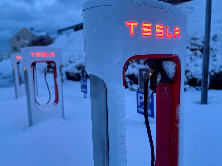 Tesla electric vehicle chargers are seen during the winter in Hofn