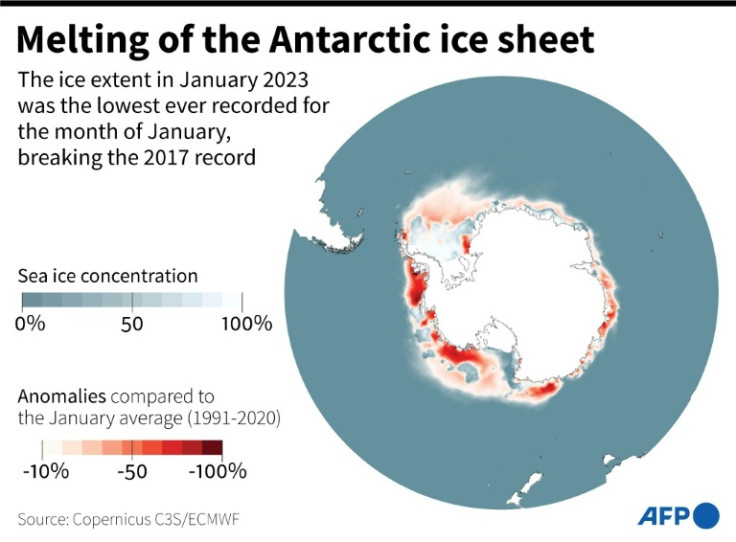 Antarctic sea ice extent measured in January 2023, and anomalies relative to the mean in January (1991-2020).