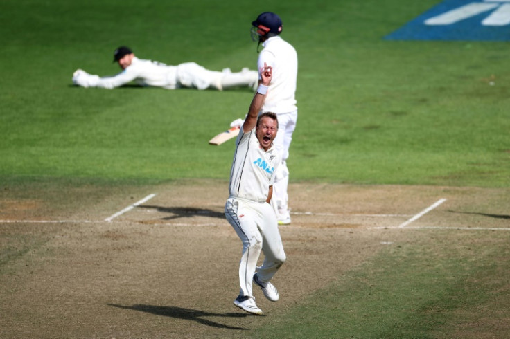 New Zealand's Neil Wagner celebrates taking the final wicket of England's James Anderson