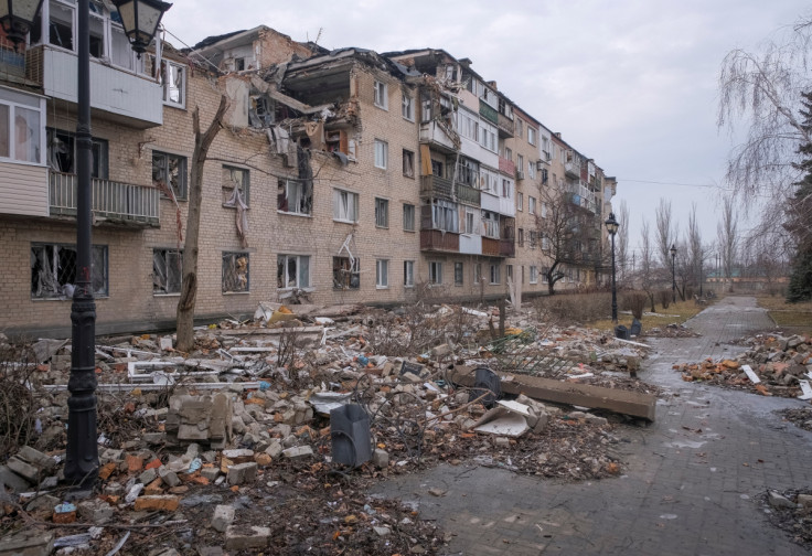 A general view shows a building damaged by a Russian military strike in Bakhmut