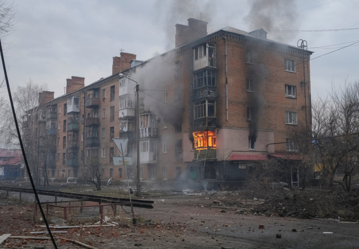 A general view shows a building damaged by a Russian military strike in Bakhmut