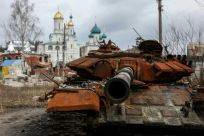 A destroyed Russian tank sits in Ukraine on March 1, 2023 amid ongoing fighting
