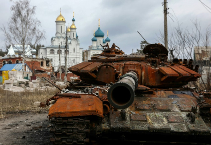 A destroyed Russian tank sits in Ukraine on March 1, 2023 amid ongoing fighting