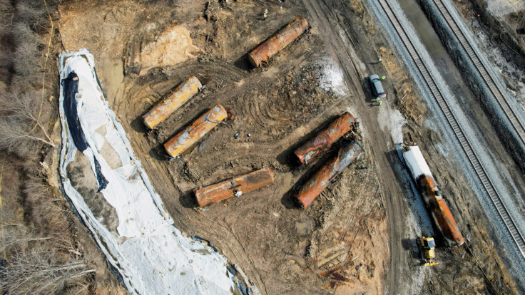 Site of the derailment of a train carrying hazardous waste, in East Palestine, Ohio