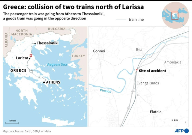 Map locating the head-on collision between trains north of Larissa on the Athens-Thessaloniki line
