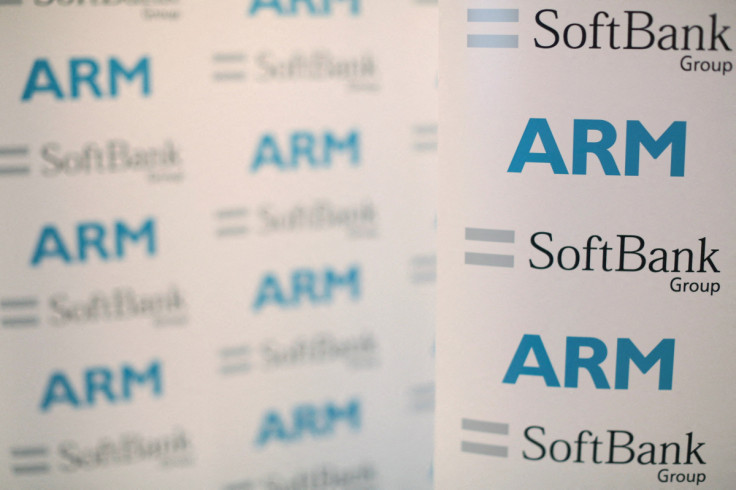 An ARM and SoftBank Group branded board is displayed at a news conference in London