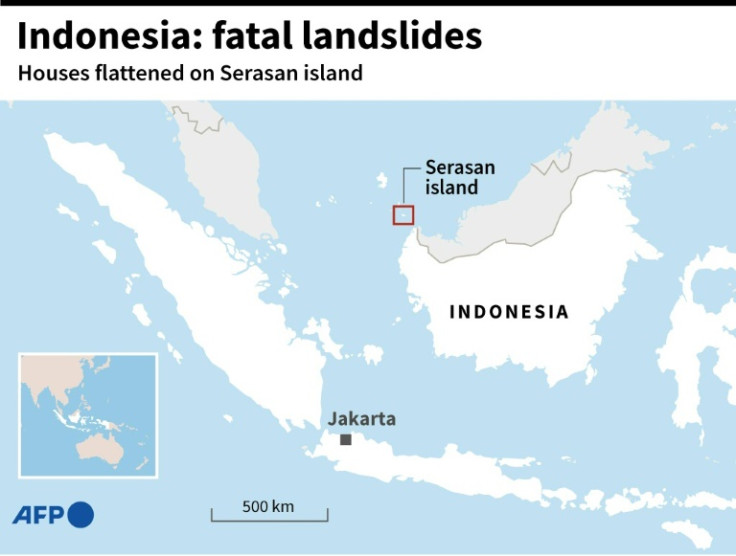 Map locating Serasan island in Indonesia where landslides flattened houses killing a number of people.