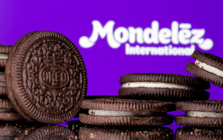Oreo cookies are seen displayed displayed in front of Mondelez International logo in this illustration picture