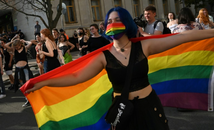 A rainbow flag displayed at a gay pride march in Kyiv in 2021, prior to the Russian invasion. Gays in the Ukraine military now are helping to change attitudes towards LGBTQ+ rights