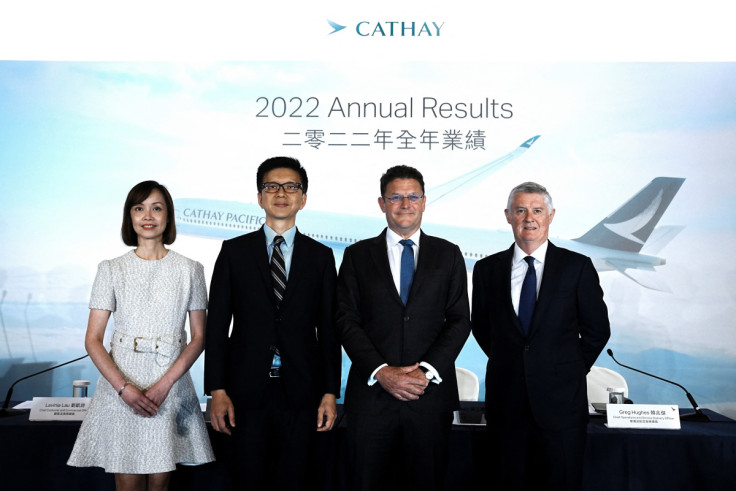 Cathay Pacific Group Chief Customer and Commercial Officer Lavinia Lau, Chief Executive Officer Ronald Lam, Chairman Patrick Healy and Chief Operations and Service Delivery Officer Rebecca Sharpe, Chief Financial Officer Greg Hughes, attend a news confere