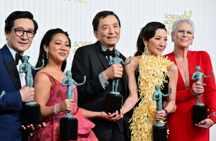The Screen Actors Guild award-winning cast of 'Everything Everywhere All at Once' (L-R) -- Ke Huy Quan, Stephanie Hsu, James Hong, Michelle Yeoh and Jamie Lee Curtis -- are expected to soar on Oscars night