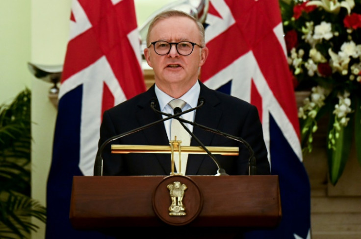 Australia's Prime Minister Anthony Albanese speaks in New Delhi on stopover there