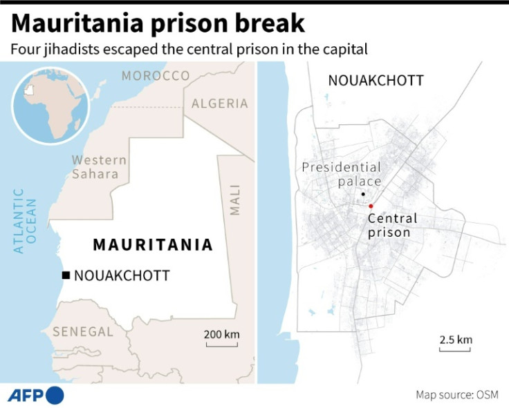 Map locating the central jail in Mauritania's capital Nouakchott, where four jihadist prisoners escaped Sunday night