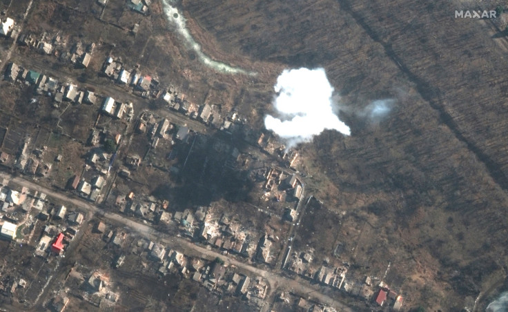 A satellite image shows smoke from recently dropped ordnance, amid Russia's attack on Ukraine, in southern Bakhmut